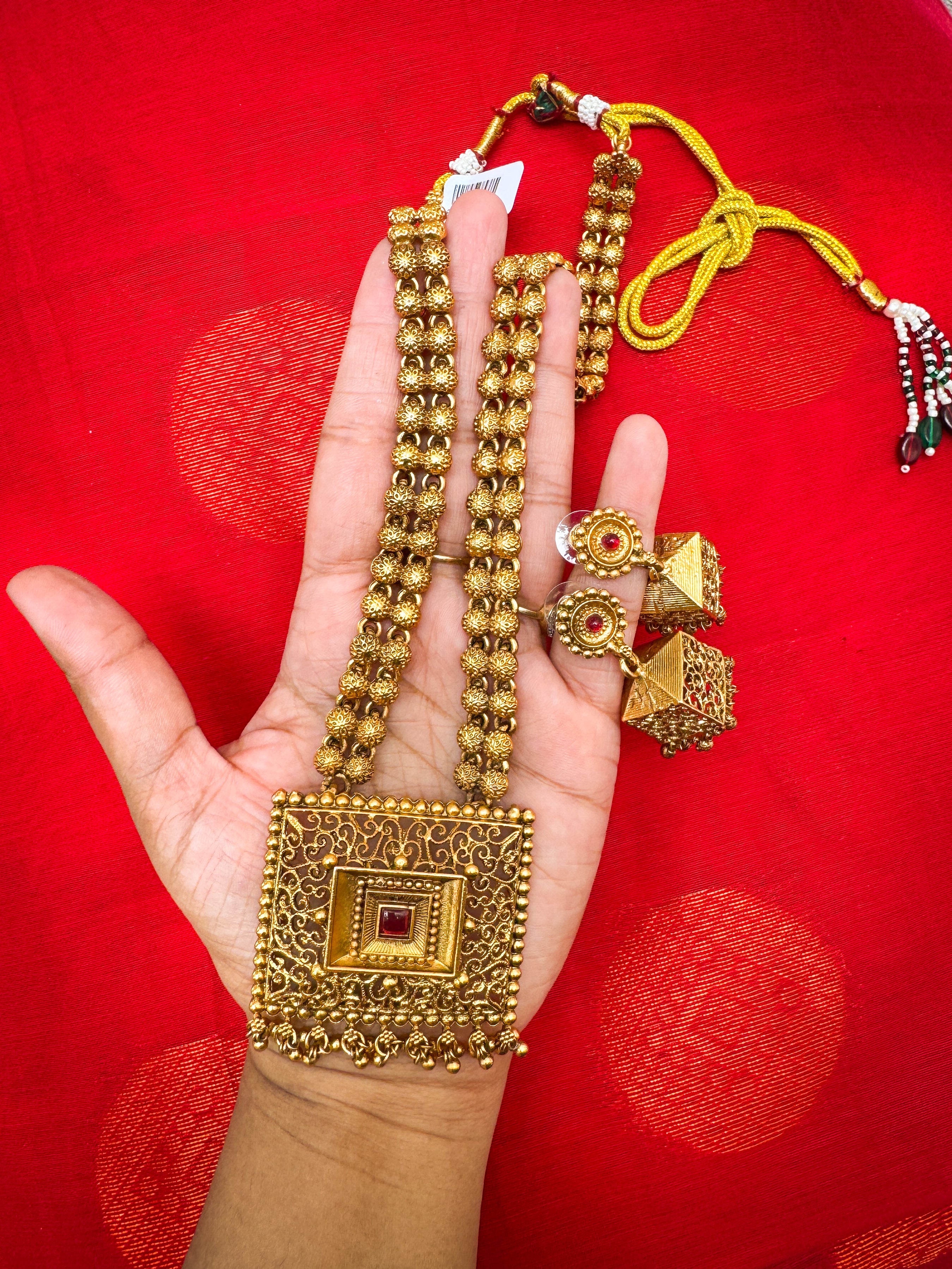 Kerala Style square pendant haram with jhumka set secondary view