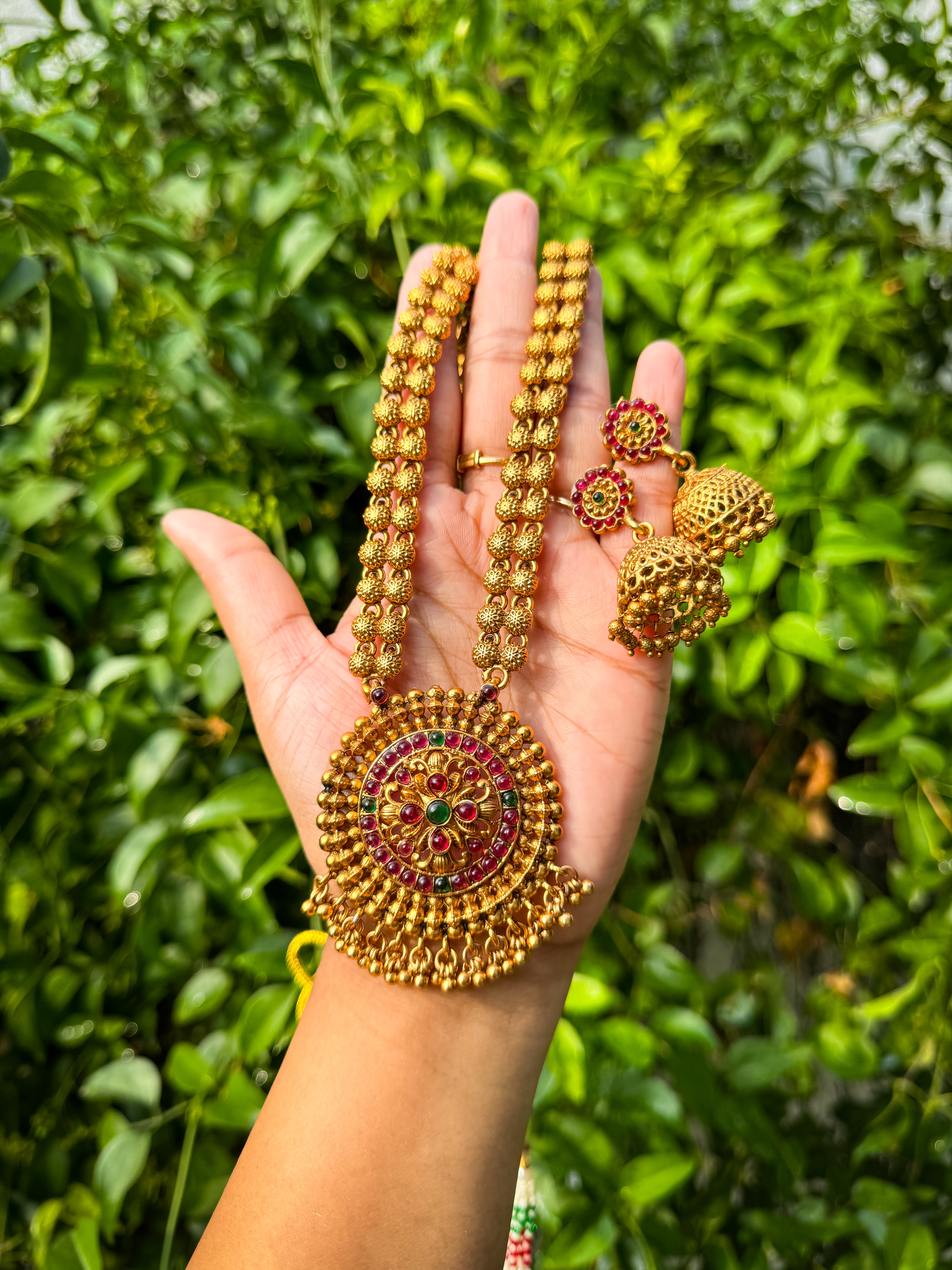 Premium Kerala Style Harram with Red and Green stone worked pendant and earring set