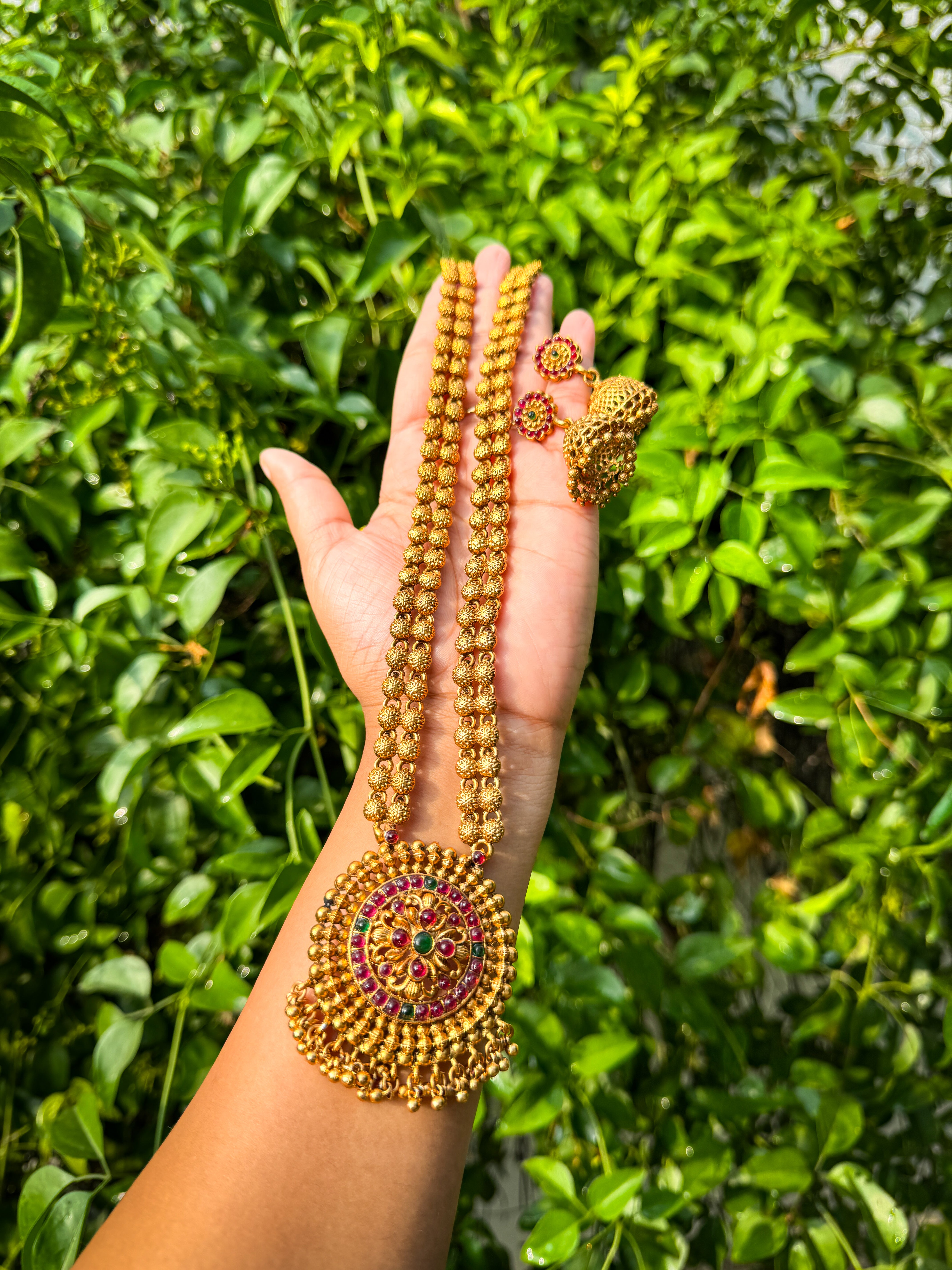 Premium Kerala Style Harram with Red and Green stone worked pendant and earring set secondary view