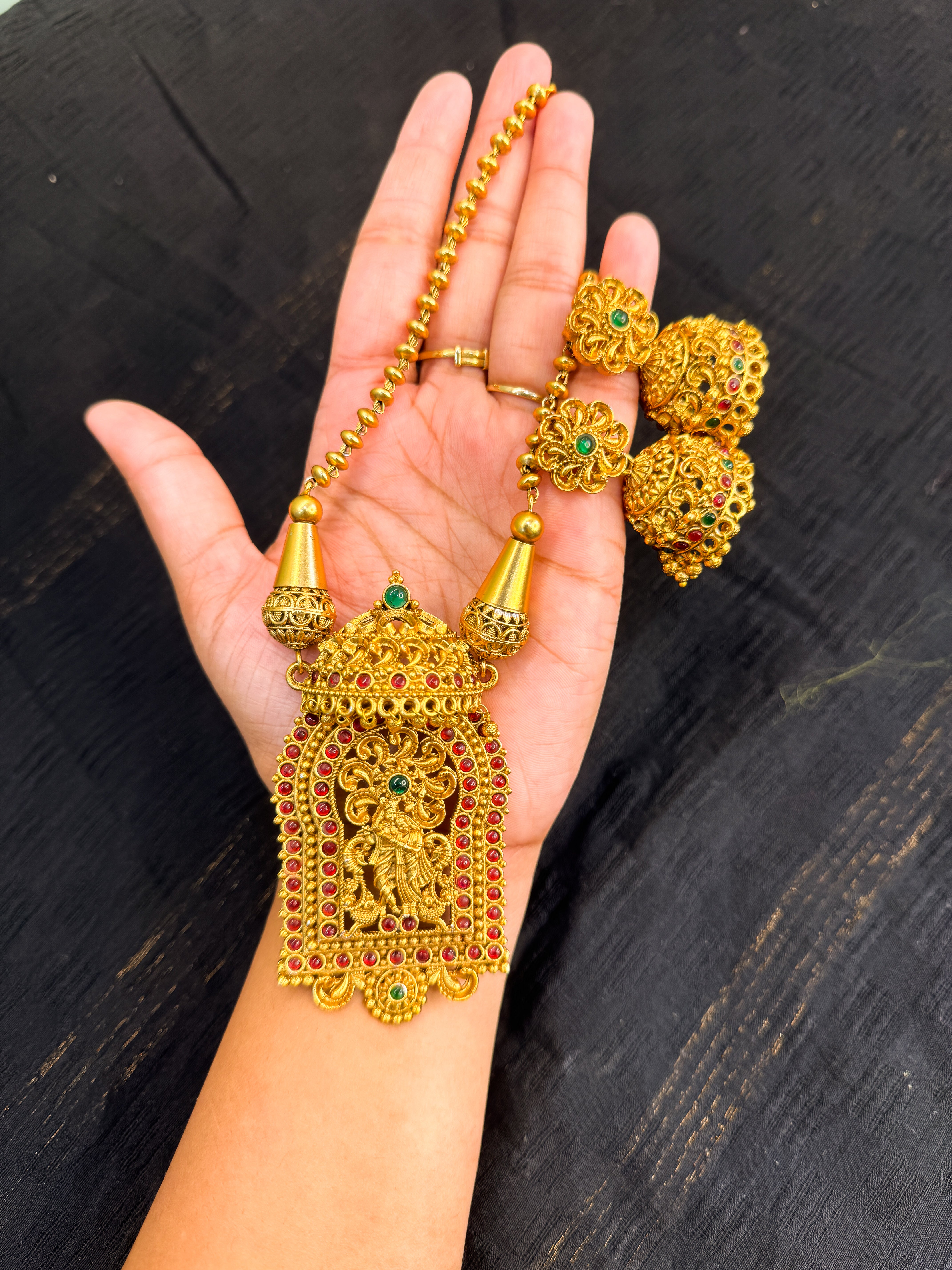 Premium Krishna and Radha Necklace with Jhumka set