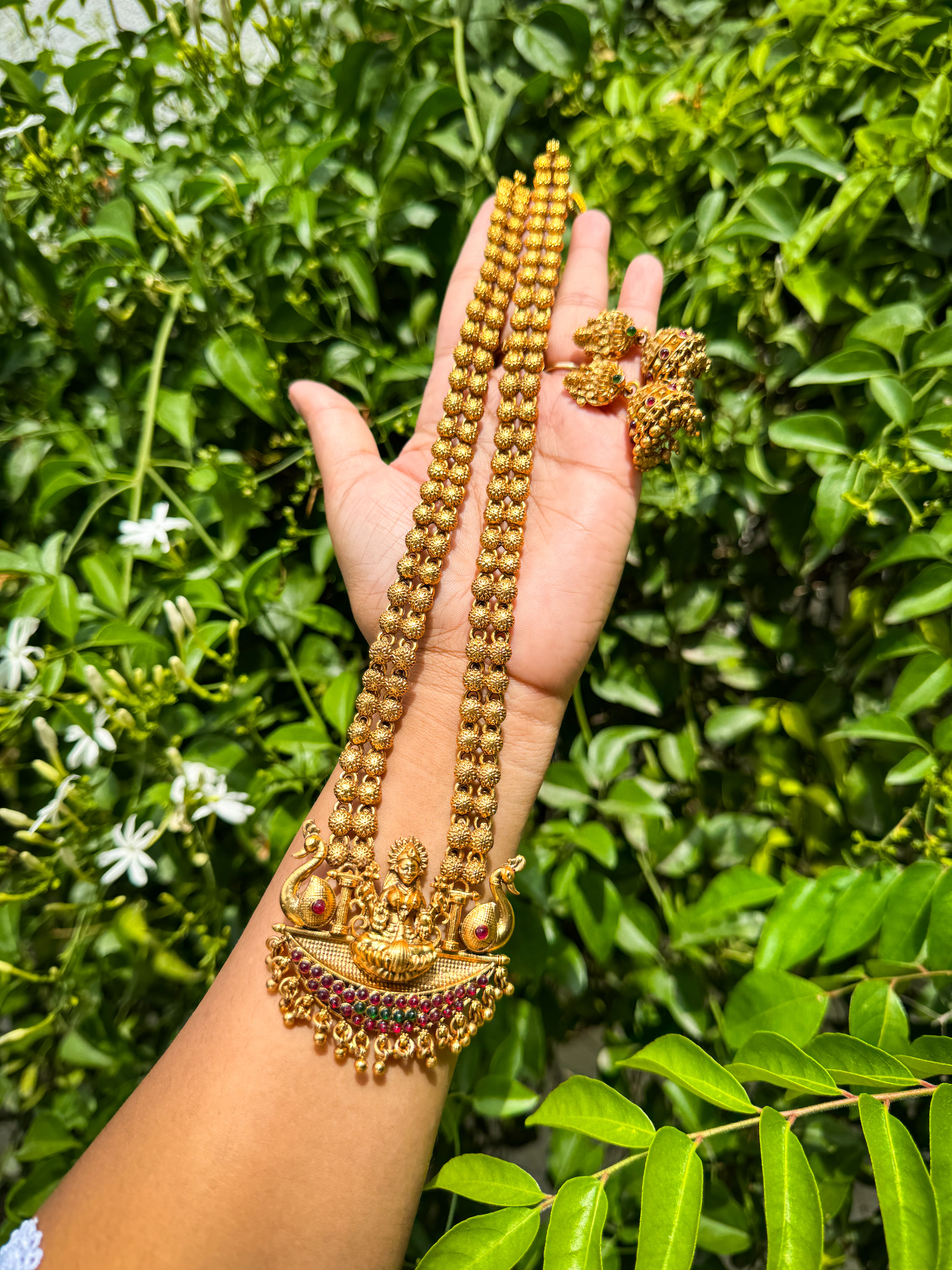 Antique Haram with lakshmi detailed Stone worked Locket with a pair of Jhumka secondary view